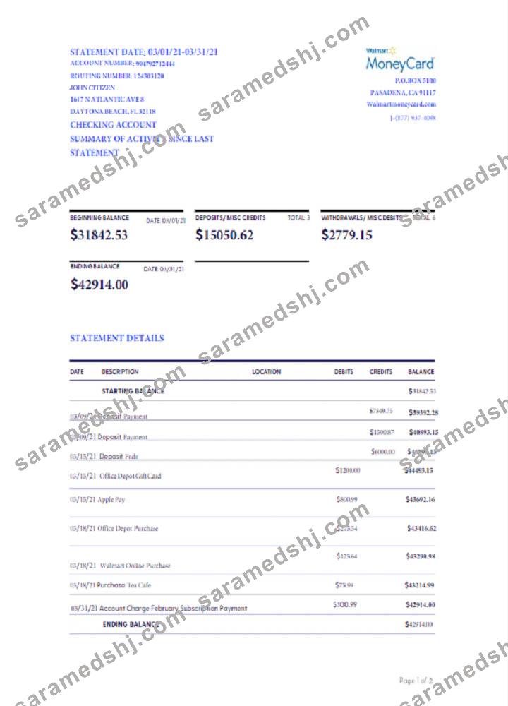 USA WALMART MONEY CARD statement Word and PDF template, version 2